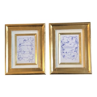 1980’s- 2 Original Vintage Wayne Cunningham Abstract Blue Ink Drawings Faux Gilt Frames- a Pair For Sale