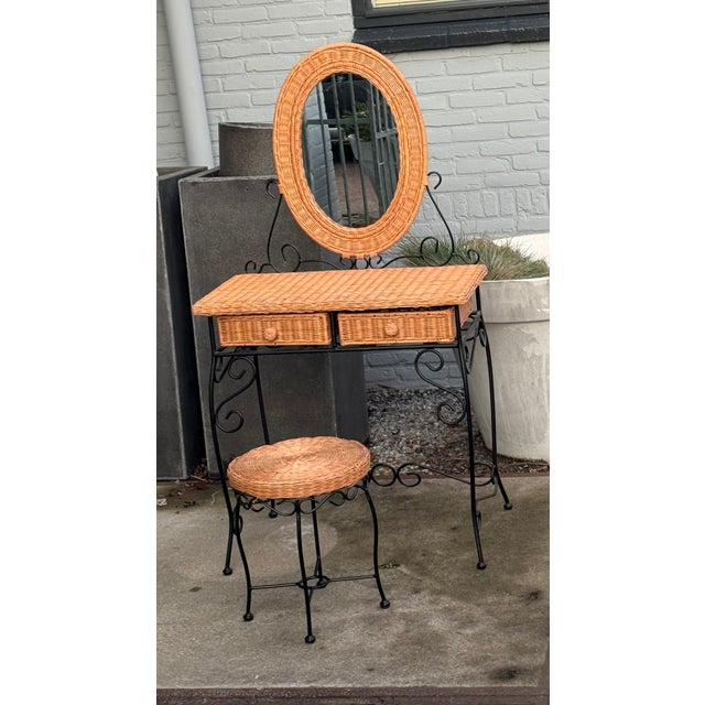 Rattan and Wrought Iron Vanity Table with Mirror and Bench, 1960s, Set of 2, in Flawless conditions. Designed 1960 to 1969