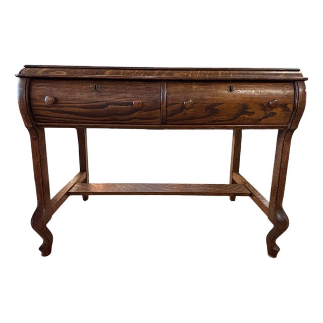Early 20th Century Figured Oak Two-Drawer Writing Table With Stretcher Base Circa 1920 For Sale
