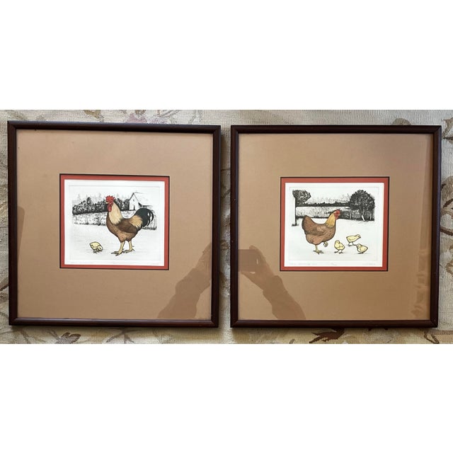 A charming pair of original etchings by Lucius B. Dubose. The Etchings are hand-tinted with watercolor. The one with a hen...
