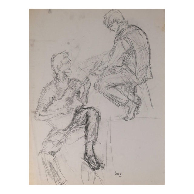 Evelyne Luez, Two Musicians, 20th Century, Pencil on Paper For Sale