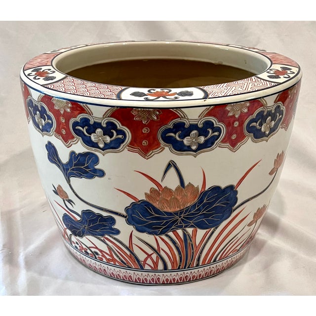 Japanese Antique 13" Japanese Imari Porcelain Lotus Motif Jardiniere Planter For Sale - Image 3 of 14