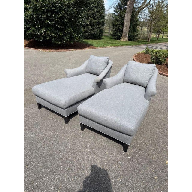 Pair of Lee Industries Living Room Chaises in shark grey wool fabric. Chaises feature rolled arms and dark wood feet. Very...