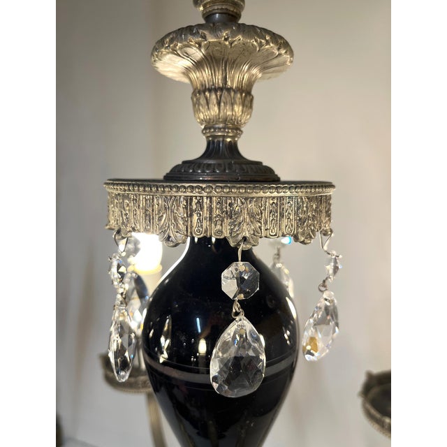 Gray Antique Five-Arm Metal, Black Glass and Crystal Chandelier For Sale - Image 8 of 15