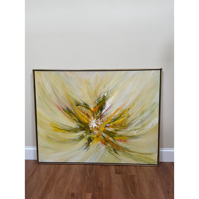 Mid-century abstract oil painting on canvas, signed “Rita L. Frost” at the lower right. Featuring an energetic, radiating...