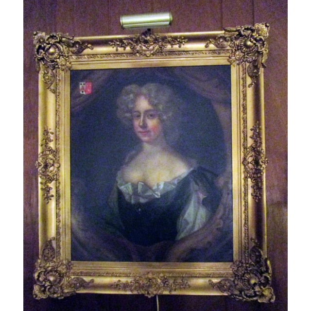 Late 18th Century 18th Century English Titled Lady with Coat of Arms Framed Oil Portrait Painting For Sale - Image 5 of 13