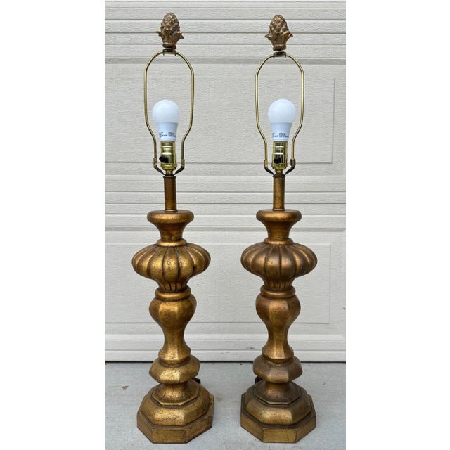 Pair of Monumental 1920s Italian Carved Giltwood Pineapple Table Lamps - 36" Tall Hollywood Regency For Sale - Image 11 of 18