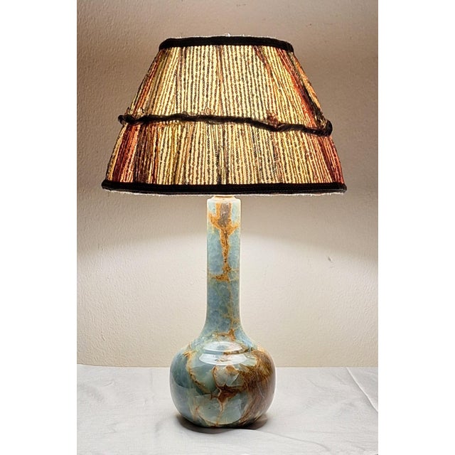 Table Lamp with Blue-Brown Marble Base and Handmade Fabric Shade, 1970s For Sale - Image 11 of 11