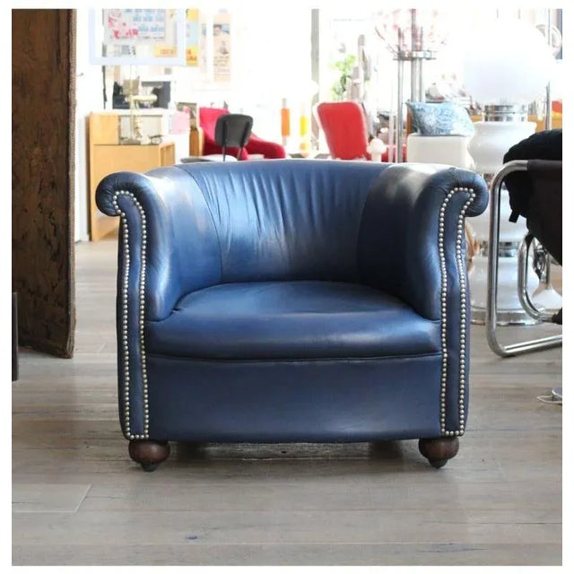 Blue Leather Armchair, 1960s For Sale - Image 3 of 8