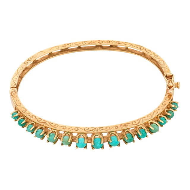 Vintage Turquoise 14k Yellow Gold Bangle For Sale