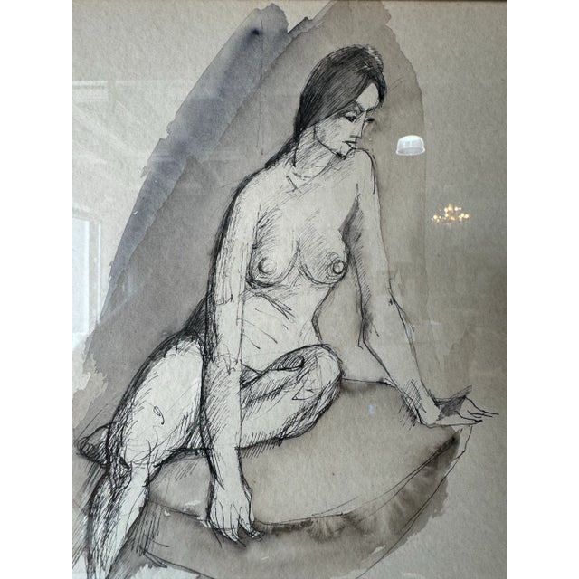 1940s Marcel Julien Baron (France, 1872-1956) Sitting Nude Woman, Ink Drawing, Framed For Sale - Image 5 of 10