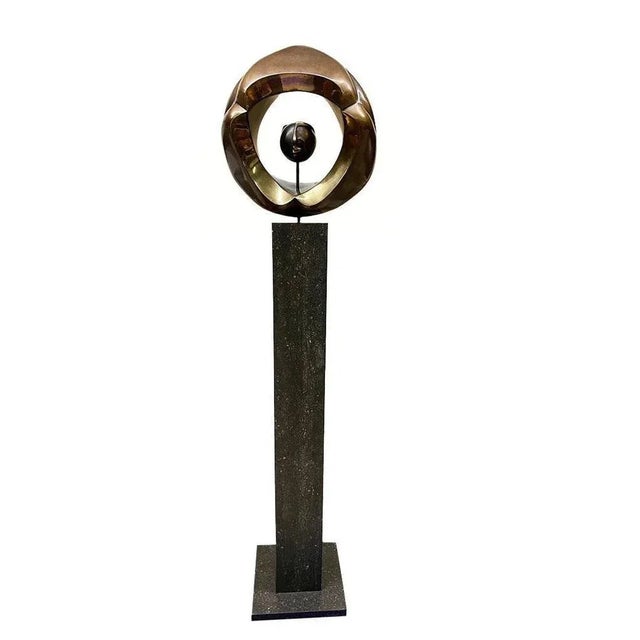 Abstract bronze sculpture by johannes w.g.m. Ramakers (1938-) on high pedestal johannes w.g.m. Ramakers (1938-) a dutch...