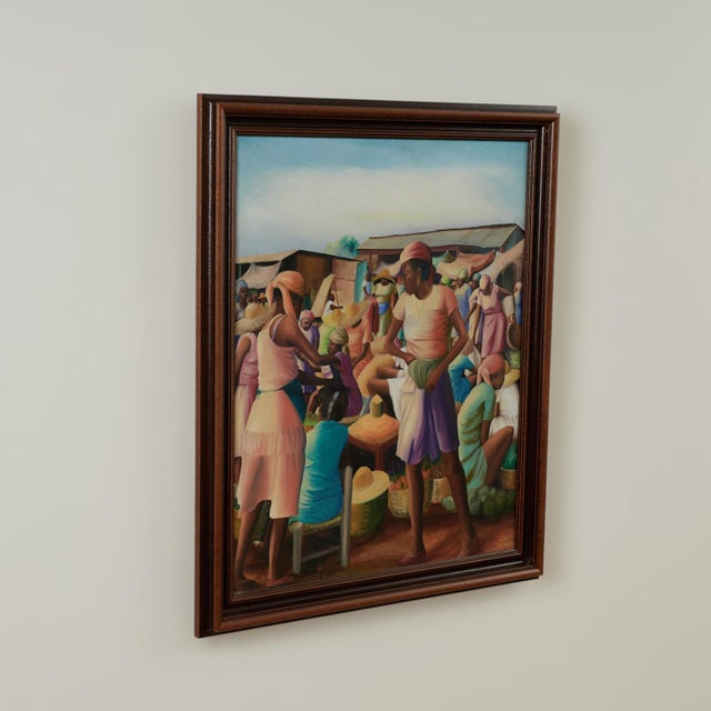 Striking vintage Haitian acrylic painting on canvas with a sophisticated composition of a busy marketplace, executed in a...