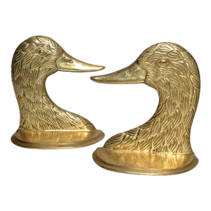 Pair 1950s Patinated Cast Brass Duck Mallard Head Bookends Mid-Century Modern