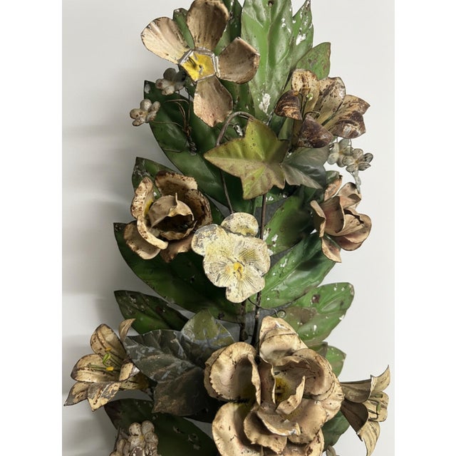 Large Vintage Painted Tole Floral Wall Hanging With Urn, 28” For Sale In Greensboro - Image 6 of 10