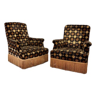 Pair of French Art Deco His & Hers Armchairs in Geometric Velvet, Circa 1930s For Sale