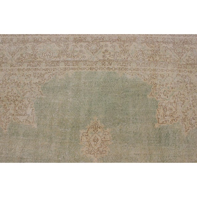 Distressed Turkish Rug With Floral Medallion in Light Green, Tan and Taupe For Sale - Image 9 of 13
