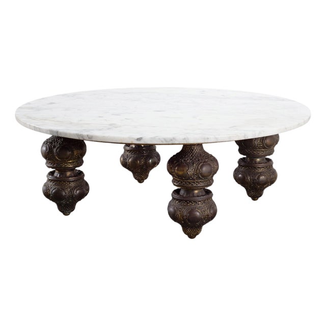 Bohemian Bronze Mace Finial Cocktail Table Carrara Marble Top For Sale
