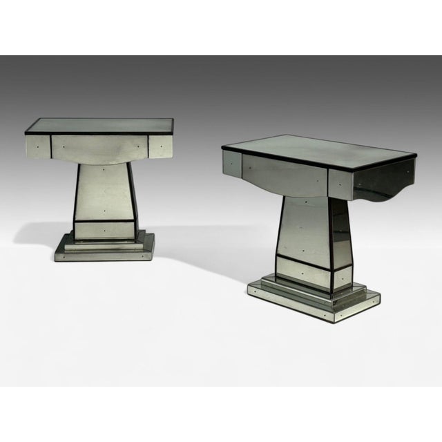 Mid-Century Modern Style, Painted Wood, Distressed Glass, Mirrored Nightstands or End Tables Pair of modernist nightstands...