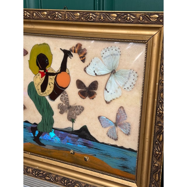 Vintage African Folk Art Iridescent Morpho Butterfly Wing Mosaic Made in Brazil For Sale - Image 11 of 15