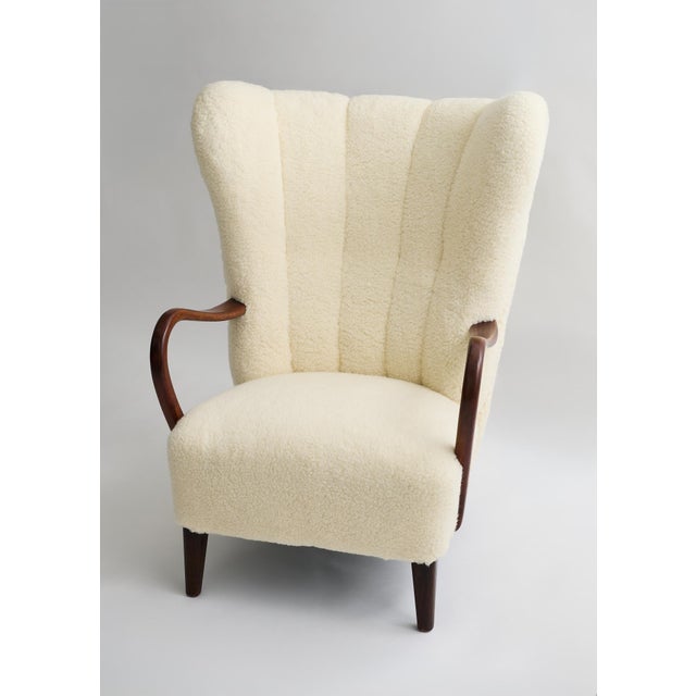 Mid-Century Modern 1960s Danish Lambswool Wingback Lounge Chair Attributed to Alfred Christensen For Sale - Image 3 of 4