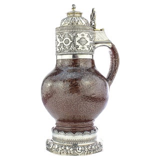 20th Century English Solid Silver & Tigerware Pottery Jug, 1910s For Sale