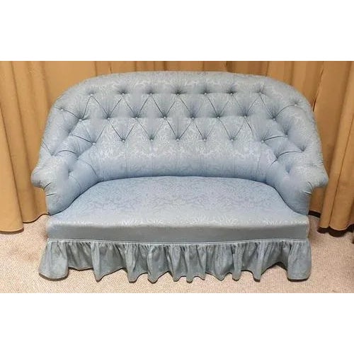 This is a super deep buttoned curved French two seater sofa/settee with outswept arms, blue damask upholstery in excellent...