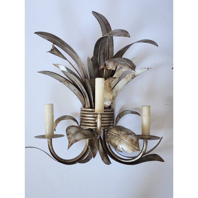 Original 22 Palm Leaf Motif Wall Sconces-a Pair For Sale - Image 4 of 12