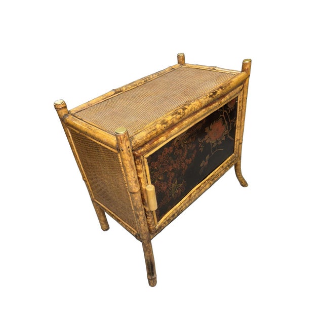 Late 19th Century Late 19th Century Victorian Chinoiserie Tiger Bamboo Nightstand With Hand-Painted Lacquer Front For Sale - Image 5 of 12