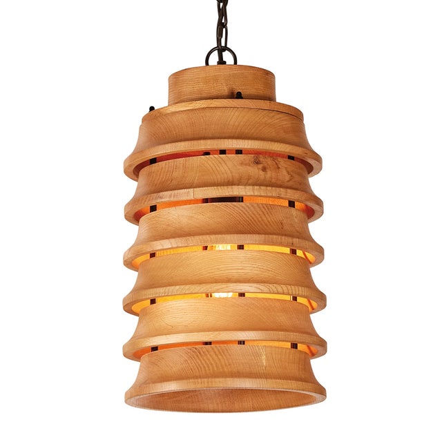 BOBO Matthew Izzo Home Large Oak Wood Stacked Pendant Light For Sale - Image 4 of 4