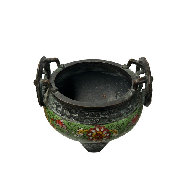 1960s Vintage Light Green Enamel Metal Round Ding Shape Incense Burner Display Art For Sale - Image 5 of 8