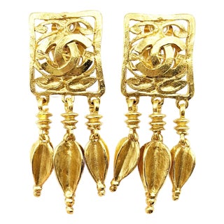Chanel Vintage Gold Plated CC Square Filigree Spear Dangle Clip on Earrings, A Pair For Sale