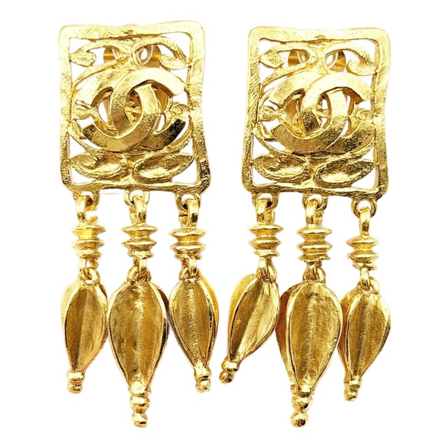 Chanel Vintage Gold Plated CC Square Filigree Spear Dangle Clip on Earrings, A Pair For Sale