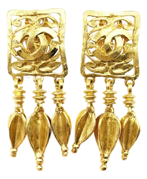 Chanel Vintage Gold Plated CC Square Filigree Spear Dangle Clip on Earrings, A Pair