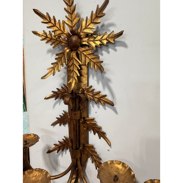 Pair, Mid Century Italian Gilt Metal Leaf Starburst Three Arm Candle Sconces For Sale - Image 9 of 9
