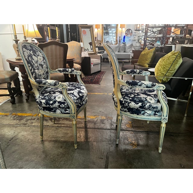 French Pair of Vintage French Louis XVI Style Painted Fauteuil Armchairs For Sale - Image 3 of 13