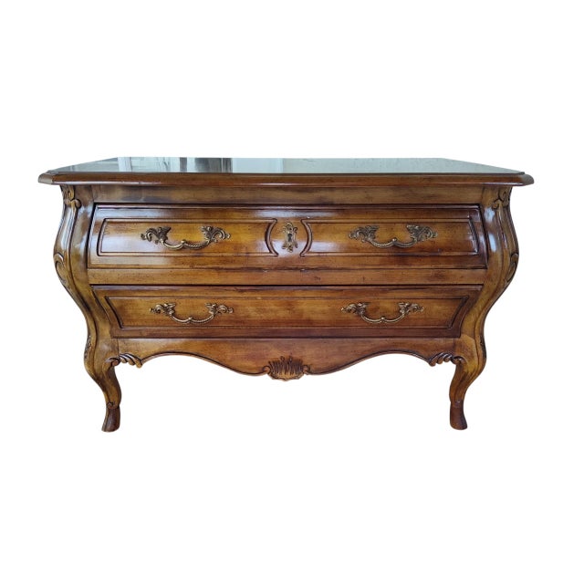 Drexel Vintage Drexel Heritage French Provincial Fruitwood Bombe Bombe Low Commode Nightstand Chest For Sale - Image 4 of 13