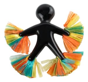 Black Lucite Carved Samba Dancer Figurine Brooch With Colorful Raffia