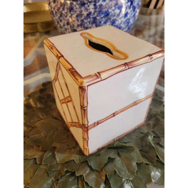 Italian Faux Bamboo Palm Beach Regency Style Ceramic White Brown Tissue Box Holder Cover For Sale - Image 9 of 9