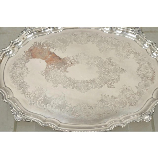 Antique English Victorian Silver Plated Ornate Oval Serving Platter Bar Tray For Sale - Image 4 of 11