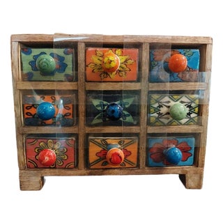 9 Drawer Ceramic & Wood Jewelry Spice Herb Cabinet Apothecary Chest India For Sale