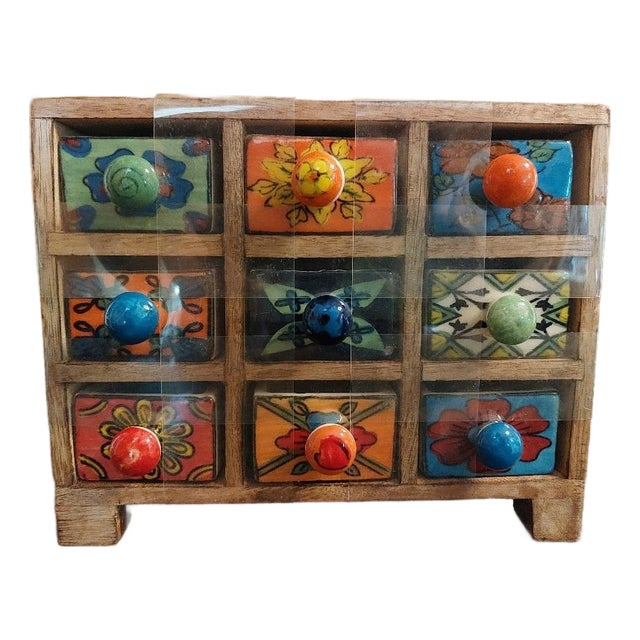 9 Drawer Ceramic & Wood Jewelry Spice Herb Cabinet Apothecary Chest India For Sale