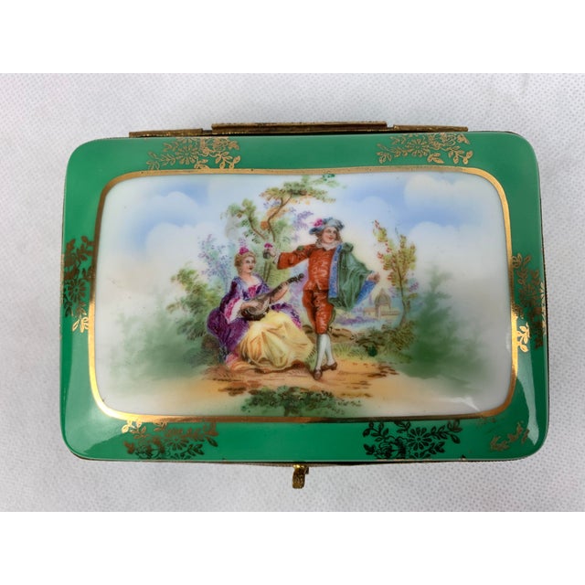 Ceramic Vintage Apple Green Scenic Hard-Paste Porcelain Hinged Box With Gilt Frame For Sale - Image 7 of 9