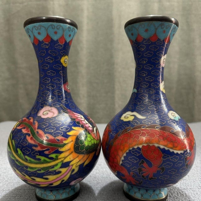 Mid 20th Century Pair of Vintage Chinese Cloisonné Dragon and Phoenix Tianqiu Vases, Deep Blue Cloud Enamel Chinoiserie Vessels For Sale - Image 5 of 6