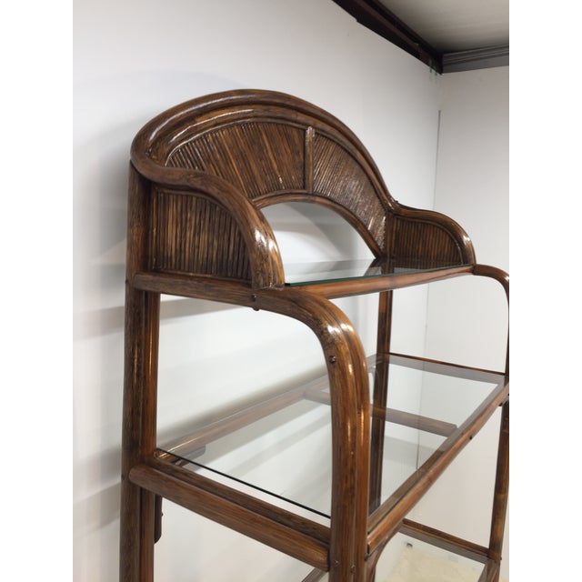 Wood Vintage Rattan and Glass Arched Fan Top Multi Shelf Etagere For Sale - Image 7 of 18