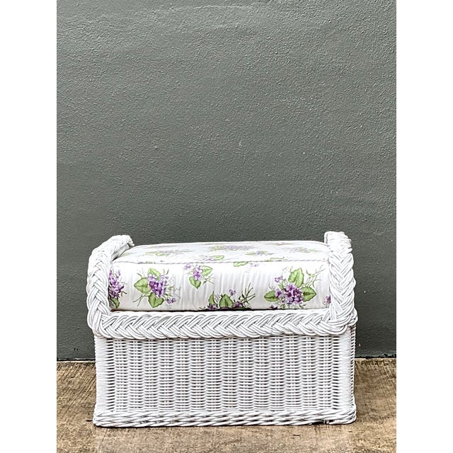 Late 20th Century Vintage Braided White Rattan Ottoman For Sale - Image 5 of 12