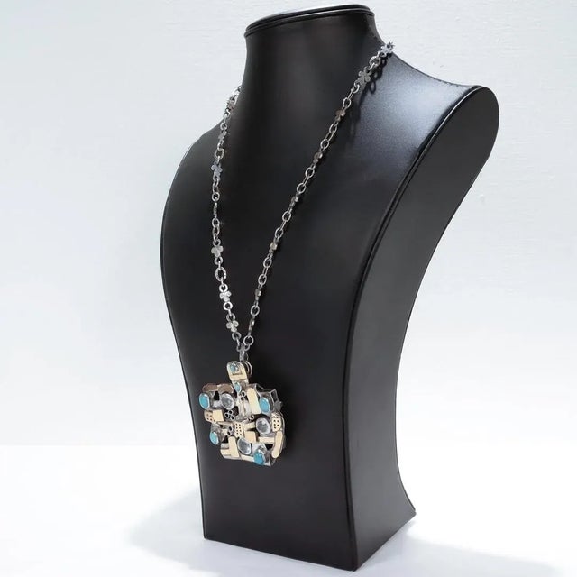 Vintage Signed Modernist 1970's Gold, Silver, & Gemstone Necklace/Brooch by Resia Schor For Sale - Image 9 of 12