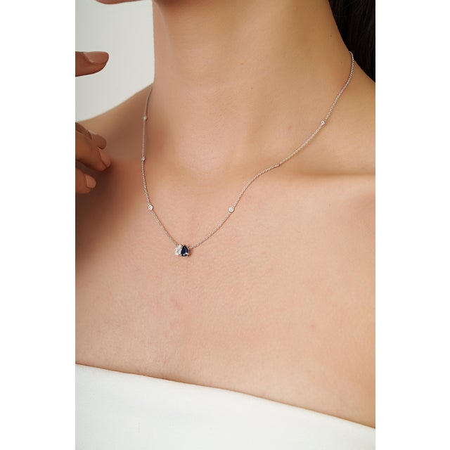 Ink Blue Toi Et Moi Pear Cut Blue Sapphire & Diamond Pendant Necklace in 14k White Gold For Sale - Image 8 of 15