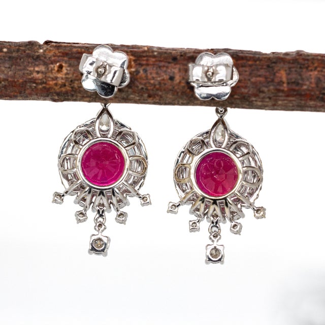 2020s 8mm, 5.6cts Madagascar Ruby & Natural Diamonds Dangle Earrings in Solid 14k Gold- 2 pieces For Sale - Image 5 of 5