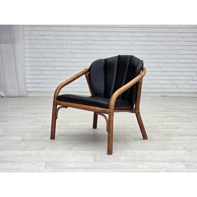 Danish Armchair in Rattan and Black Leatherette, 1970s For Sale - Image 13 of 18